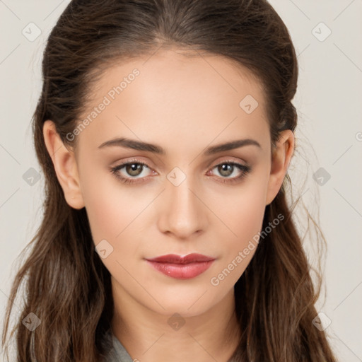 Neutral white young-adult female with long  brown hair and brown eyes