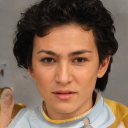 Neutral white young-adult female with short  brown hair and brown eyes