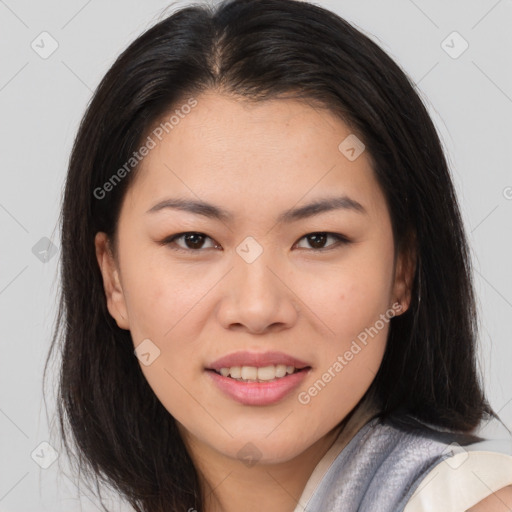 Joyful asian young-adult female with long  brown hair and brown eyes