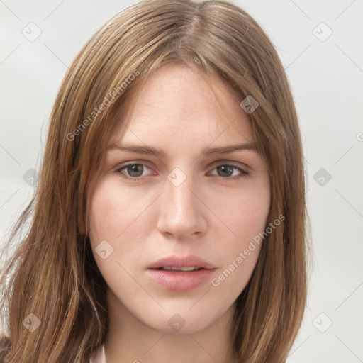 Neutral white young-adult female with long  brown hair and grey eyes