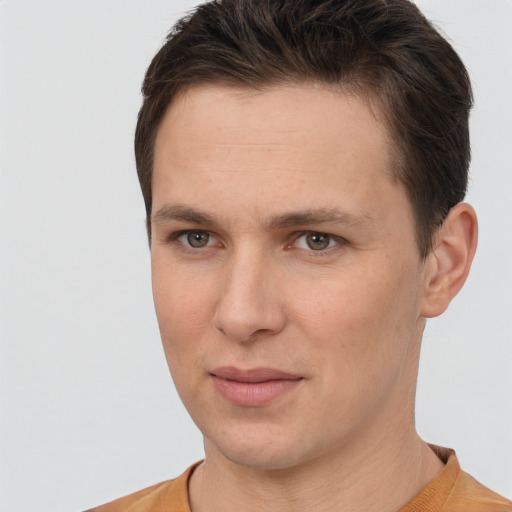 Neutral white young-adult male with short  brown hair and brown eyes