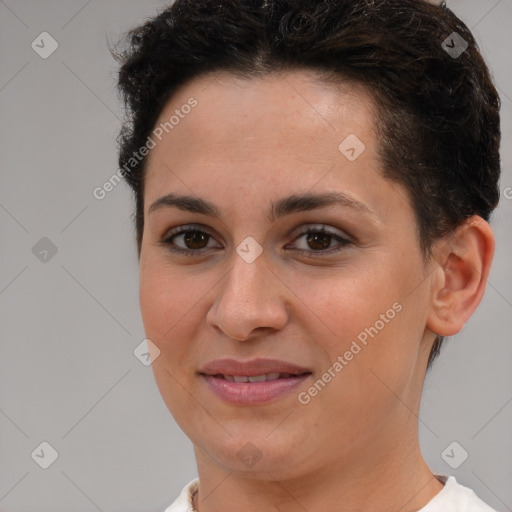 Joyful white young-adult female with short  brown hair and brown eyes