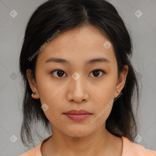 Neutral asian young-adult female with medium  brown hair and brown eyes