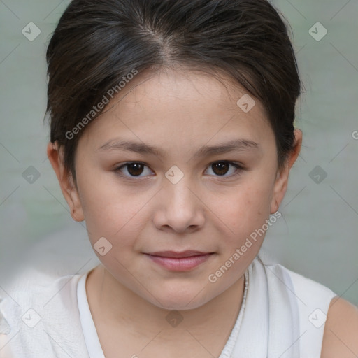 Joyful white child female with medium  brown hair and brown eyes