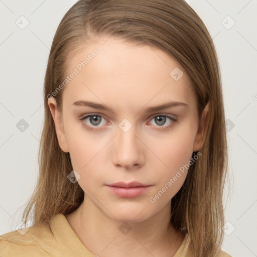 Neutral white young-adult female with long  brown hair and brown eyes