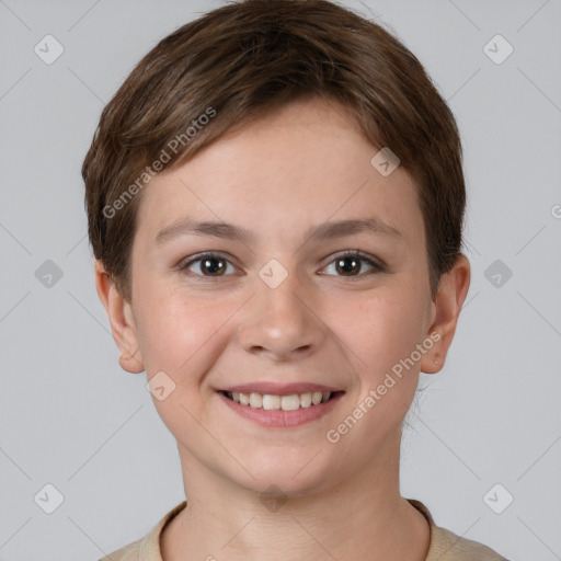 Joyful white young-adult female with short  brown hair and grey eyes