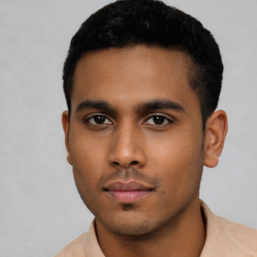 Neutral latino young-adult male with short  black hair and brown eyes
