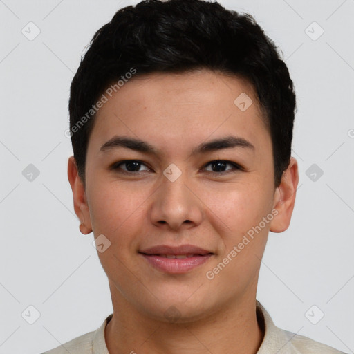 Joyful white young-adult male with short  black hair and brown eyes