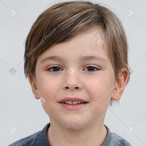 Joyful white child male with short  brown hair and brown eyes