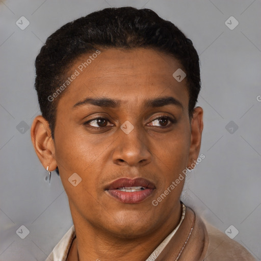 Joyful latino young-adult male with short  brown hair and brown eyes