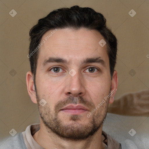 Neutral white adult male with short  brown hair and brown eyes