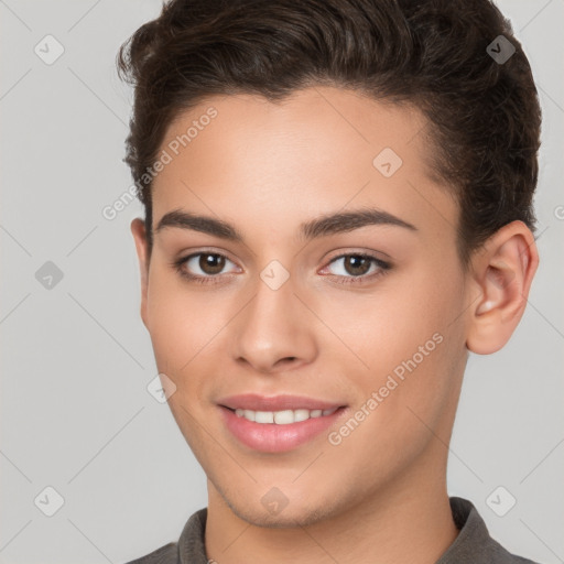 Joyful white young-adult female with short  brown hair and brown eyes