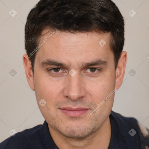 Neutral white adult male with short  brown hair and brown eyes