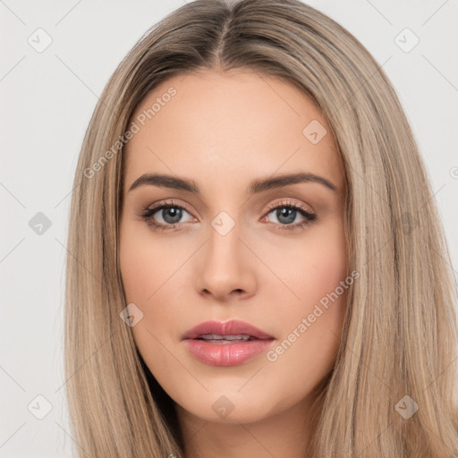 Neutral white young-adult female with long  brown hair and brown eyes