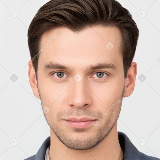 Neutral white young-adult male with short  brown hair and brown eyes