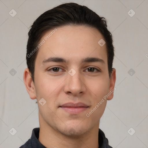 Neutral white young-adult male with short  brown hair and brown eyes