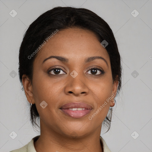 Joyful black young-adult female with medium  brown hair and brown eyes