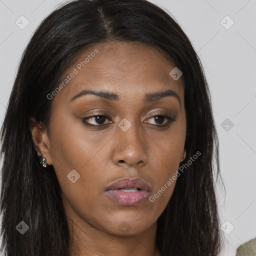 Neutral asian young-adult female with long  brown hair and brown eyes