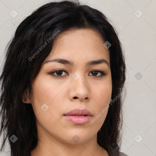 Neutral asian young-adult female with long  brown hair and brown eyes