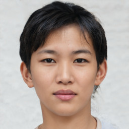 Neutral asian young-adult female with short  brown hair and brown eyes