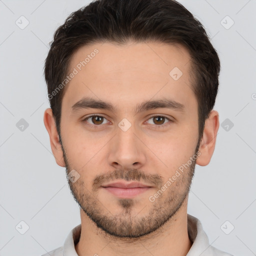 Neutral white young-adult male with short  brown hair and brown eyes