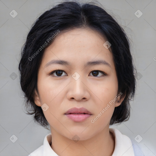 Neutral asian young-adult female with medium  black hair and brown eyes