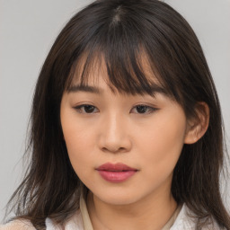 Neutral asian young-adult female with long  brown hair and brown eyes