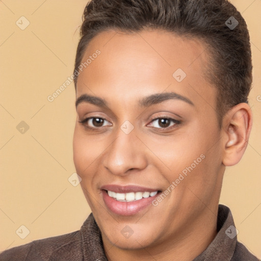 Joyful white young-adult female with short  brown hair and brown eyes