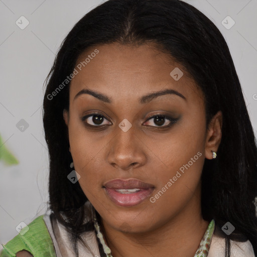 Joyful latino young-adult female with long  brown hair and brown eyes