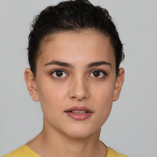 Neutral white young-adult female with short  brown hair and brown eyes