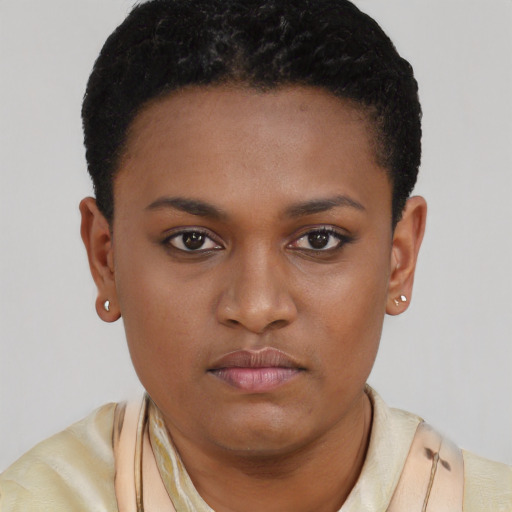 Neutral black young-adult female with short  brown hair and brown eyes