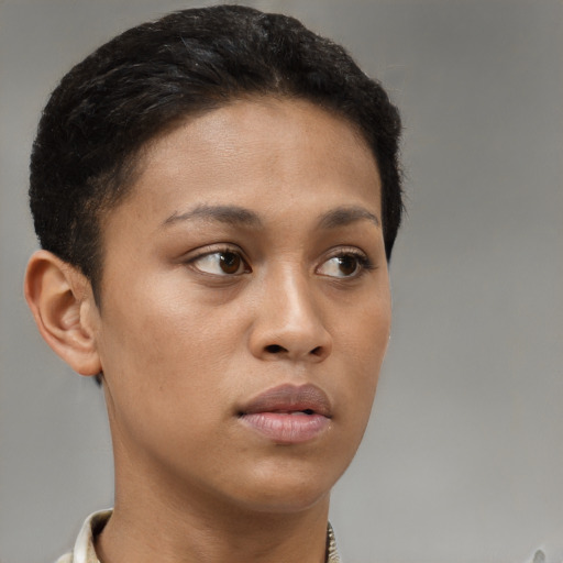 Neutral white young-adult female with short  brown hair and brown eyes