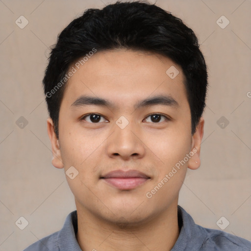 Neutral asian young-adult male with short  black hair and brown eyes