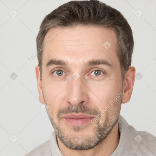 Neutral white adult male with short  brown hair and brown eyes