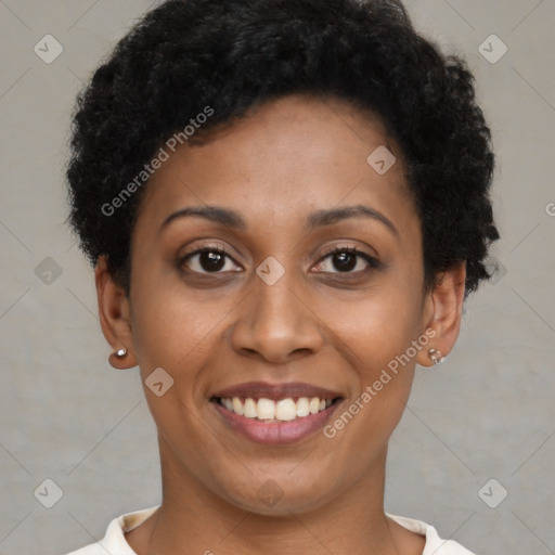 Joyful latino young-adult female with short  brown hair and brown eyes