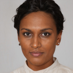 Neutral black young-adult female with short  black hair and brown eyes