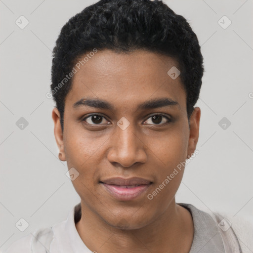 Joyful black young-adult male with short  black hair and brown eyes