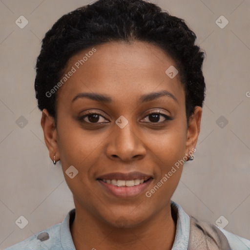 Joyful latino young-adult female with short  black hair and brown eyes