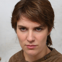 Neutral white young-adult female with medium  brown hair and brown eyes