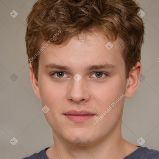 Neutral white young-adult male with short  brown hair and grey eyes