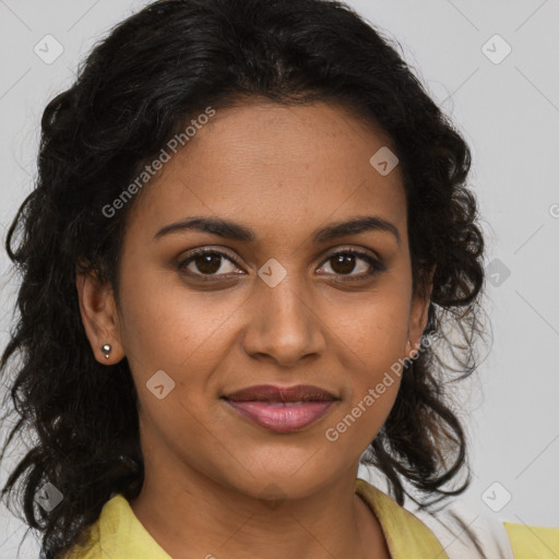 Joyful black young-adult female with medium  brown hair and brown eyes