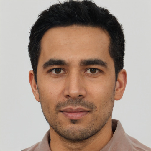 Neutral asian young-adult male with short  black hair and brown eyes