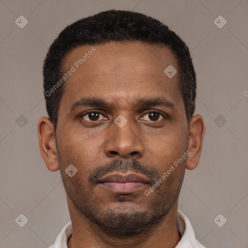 Neutral black young-adult male with short  brown hair and brown eyes