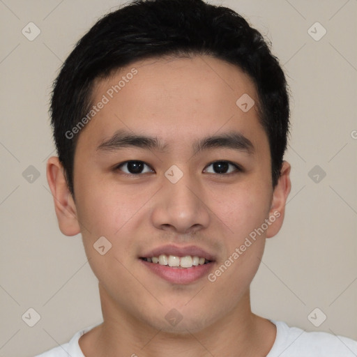 Joyful latino young-adult male with short  brown hair and brown eyes