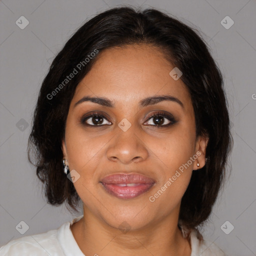 Joyful black young-adult female with medium  brown hair and brown eyes