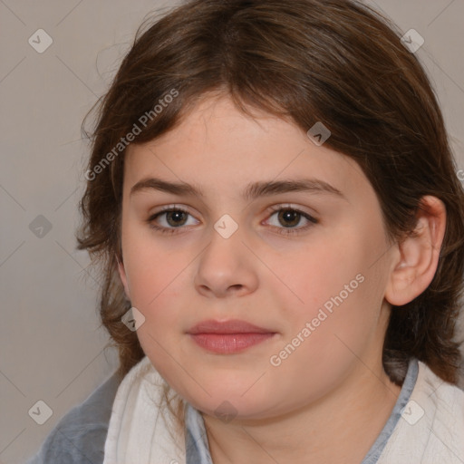 Joyful white child female with medium  brown hair and brown eyes