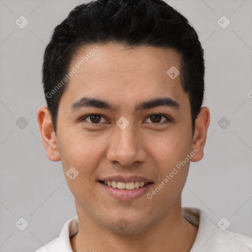 Joyful latino young-adult male with short  black hair and brown eyes