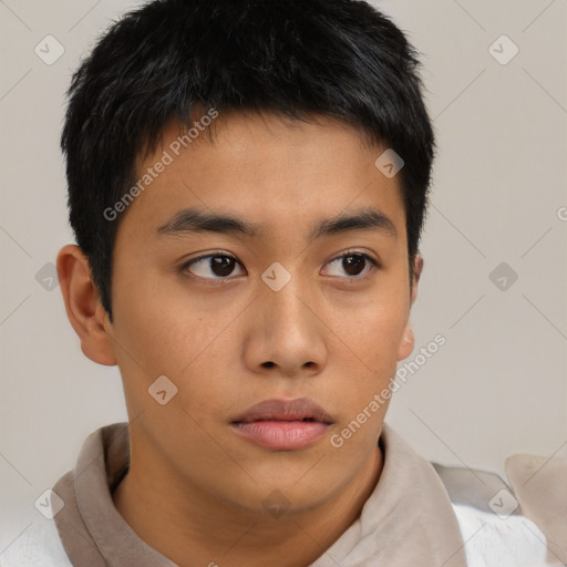 Neutral asian young-adult male with short  brown hair and brown eyes