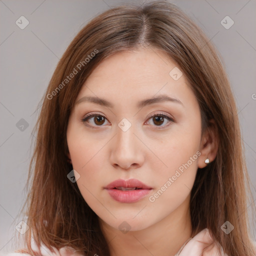 Neutral white young-adult female with medium  brown hair and brown eyes