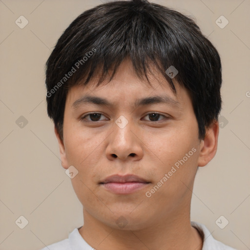 Neutral asian young-adult male with short  brown hair and brown eyes